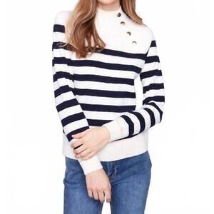 NEW CHARLIE B striped mock neck sweater with button details in navy/white
